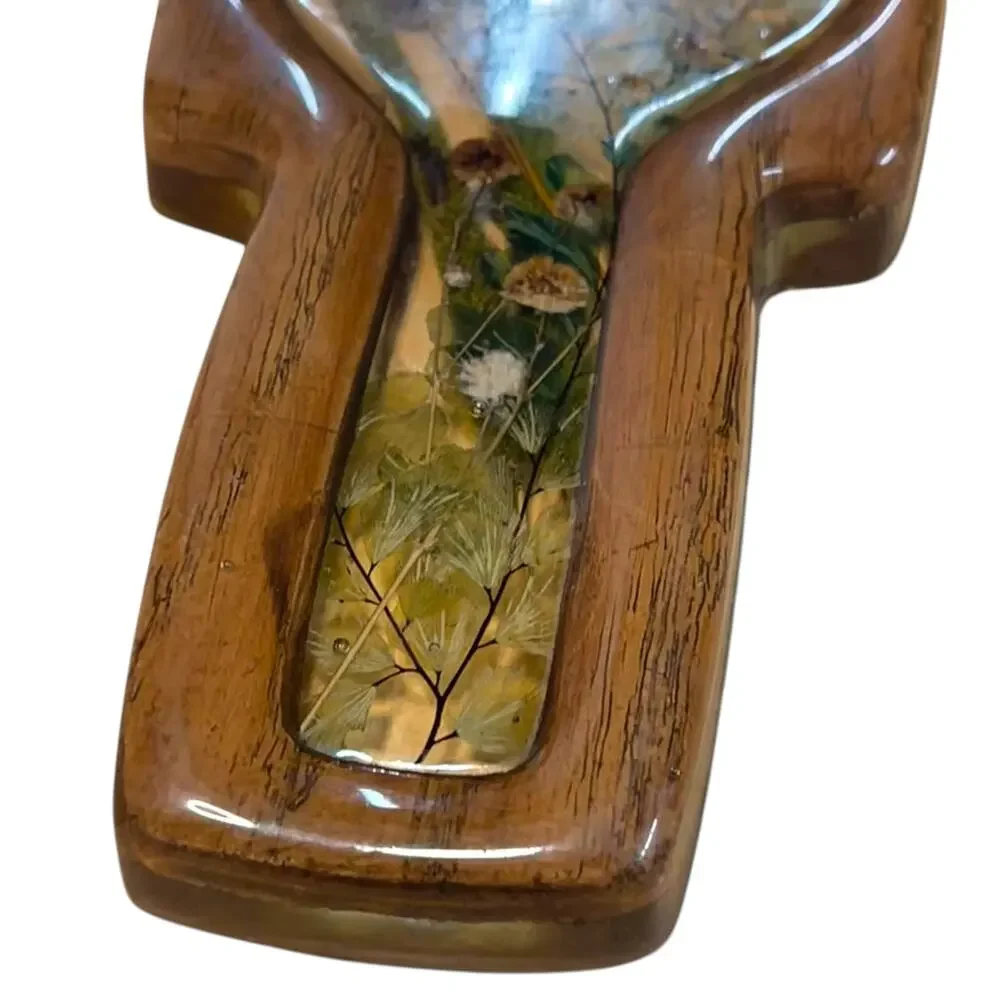 Vintage Lucite Style Pressed Flower Spoon Rest Ladybug Faux Wood Handmade